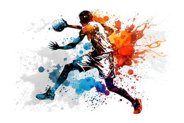 Giocatore di schizzi ad acquerello di pallacanestro in azione con una palla isolata su sfondo bianco Arte generata dalla rete neurale