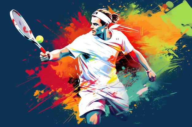 Giocatore di tennis professionista che tiene il disegno a colori della racchetta Banner del gioco del tennis Adesivo sportivo attivo