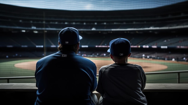 Giocatori di baseball in piedi schiena a schiena davanti a uno stadio di baseball AI generativa