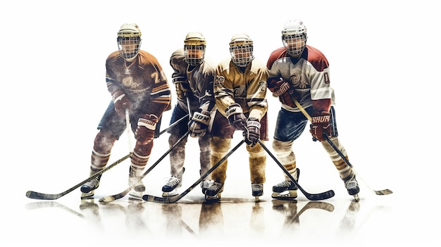 Giocatori di hockey su ghiaccio maschili in bastoni da hockey con elmetto su sfondo bianco Ia generativa