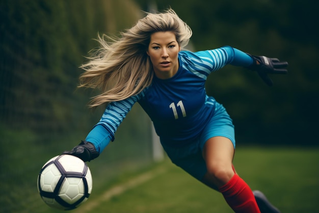 Giocatrice di calcio donna bionda portiere