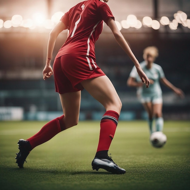 Giocatrice di calcio femminile che calcia l'immagine di calcio generata da ai