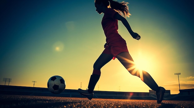 Giocatrice di calcio femminile esperta che corre sul campo giocando a calcio