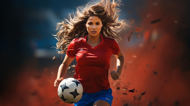 Giocatrice di football femminile con spettacolo da stadio in maglietta rossa brilla