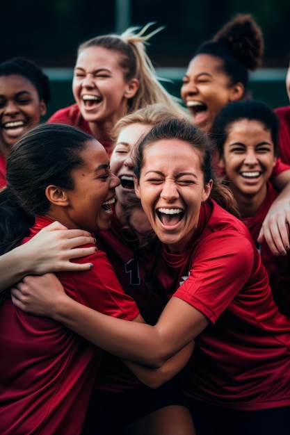 giocatrici di calcio che si applaudono e si sollevano a vicenda dopo un gioco di successo