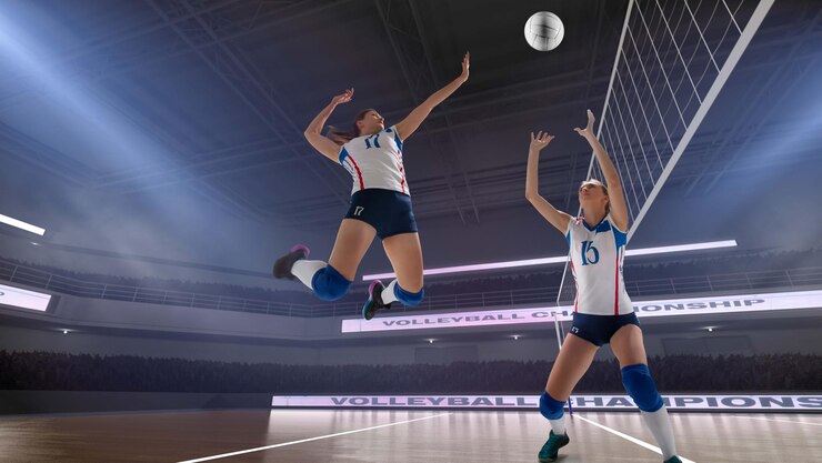 Giocatrici professioniste di pallavolo in azione sullo stadio 3D