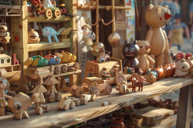 Giocattoli in legno fatti a mano esposti su un tavolo in un