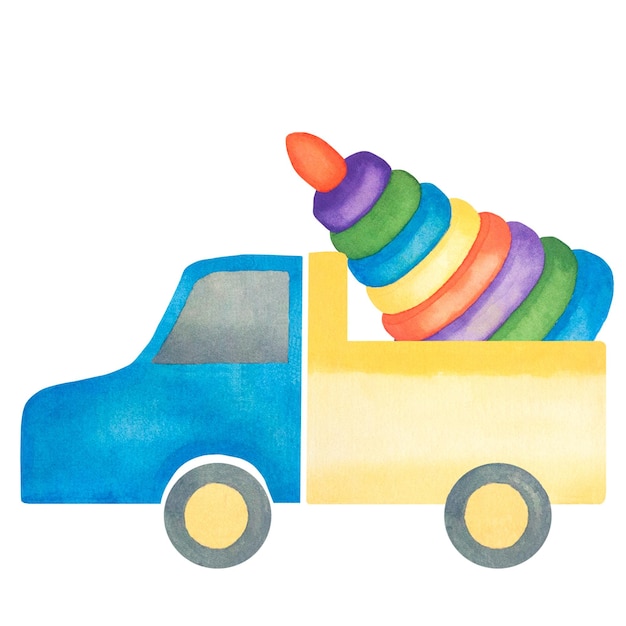 Giocattoli per bambini Illustrazione ad acquerello di un camion con una piramide Illustrazione per bambini