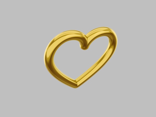 Giocattolo cuore in metallo Colore dorato unico Simbolo d'amore su sfondo grigio monocromatico Vista dall'alto rendering 3d