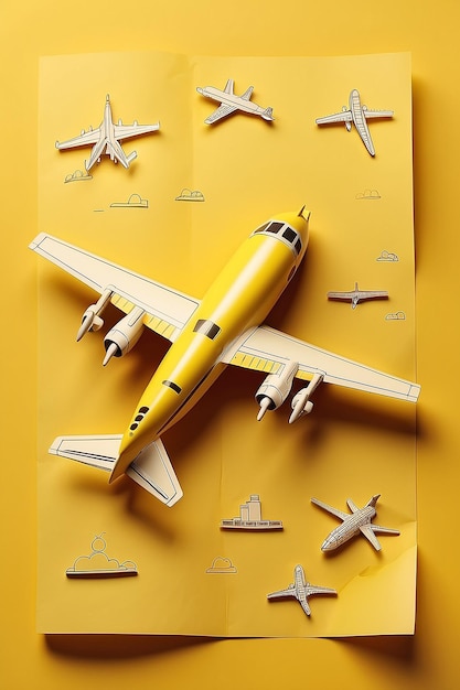 Giocattolo di aereo su sfondo di carta gialla