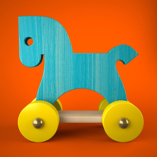 Giocattolo di cavallo in legno blu su sfondo rosso