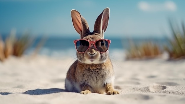Giocattolo di coniglio carino e uova di Pasqua dipinte a colori sulla spiaggia sotto il sole Profondità di campo poco profonda