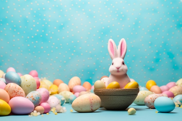 Giocattolo di coniglio carino e uova di Pasqua dipinte a colori sulla spiaggia sotto il sole Profondità di campo poco profonda