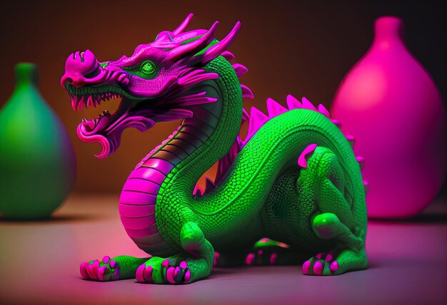 Giocattolo di gomma drago giocattolo di plastica a figura intera nei colori al neon ultra rosa e verde