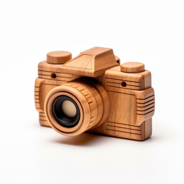 Giocattolo di legno della macchina fotografica giocattolo di legno isolato su priorità bassa bianca