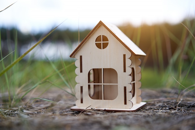 Giocattolo in miniatura casa in legno natura all'aperto.