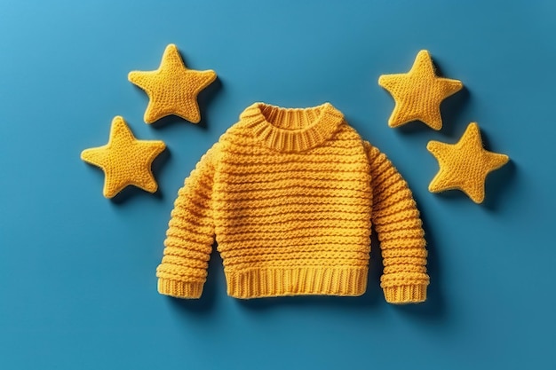 Giocattolo lavorato a maglia stelle gialle per bambini e maglione su sfondo blu piatto Disposizione AI generativa