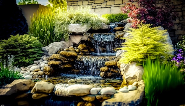 Giochi d'acqua in giardino con rocce e piante e flusso d'acqua IA generativa