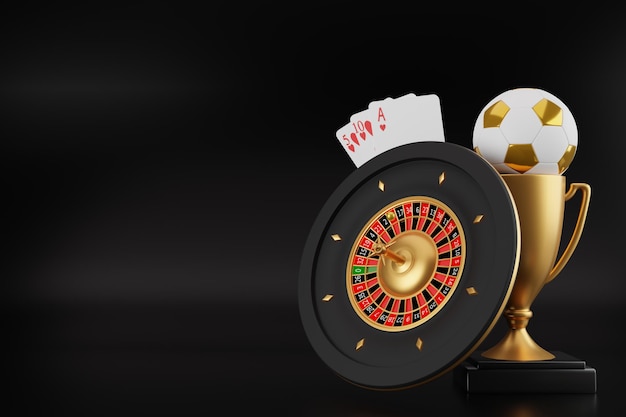 gioco d'azzardo online, con spazio vuoto, carte, palline su trofei d'oro, roulette 3d ren