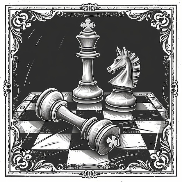 Gioco da tavolo di scacchi del re Vista di pezzi di scacchio con sfondo drammatico e mistico