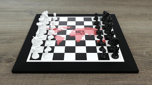 Gioco di scacchi della scacchiera del mondo con il rendering 3d della mappa del mondo