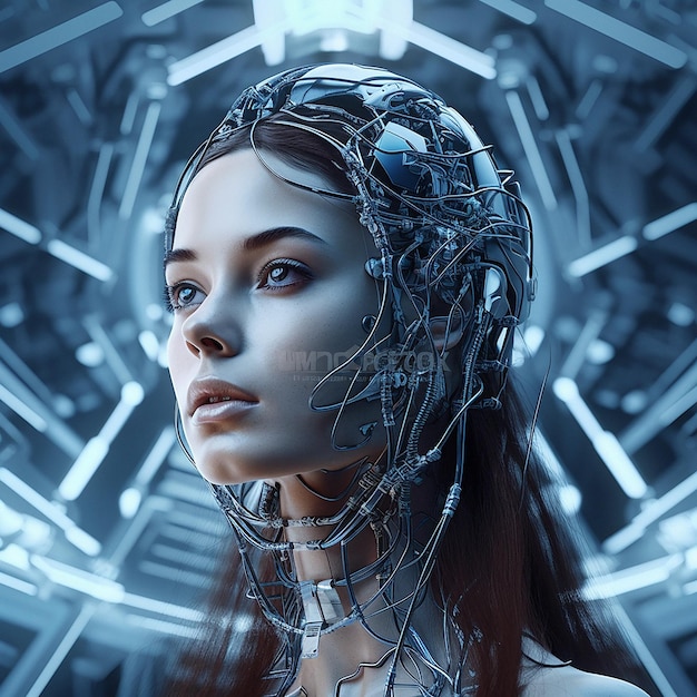 Gioco futuristico cyberpunk e scifi woman per videogiochi digitali di personaggi fantasy e metaverse Tecnologia realtà virtuale e ragazza nella città distopica di notte in ai cyborg e arte robotica 3d
