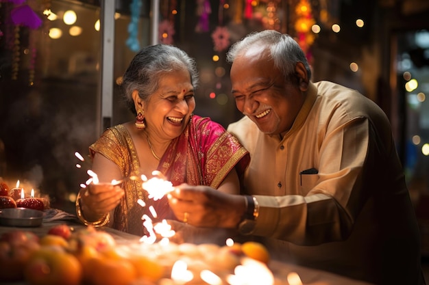 Giocosa coppia anziana indiana con stelle filanti che celebrano il festival diwali di notte