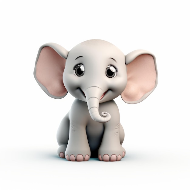 Giocoso 3D Clay Elephant Caricature Cute Render su sfondo bianco