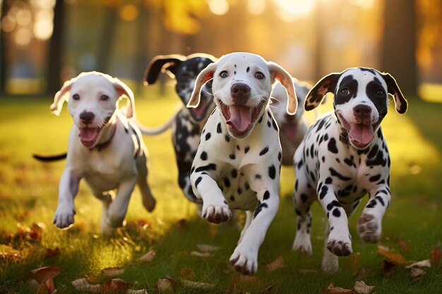 Giocoso pacchetto di cani dalmata in azione con intelligenza artificiale generativa