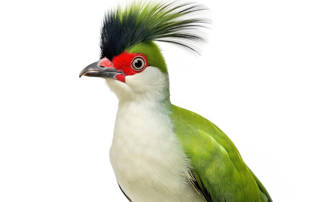 Giocoso Turaco con le guance bianche su sfondo bianco