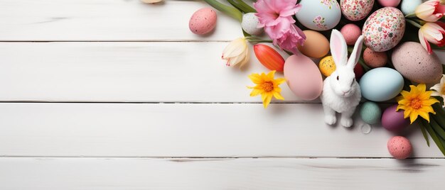 Gioia di Pasqua Uova vibranti e coniglietto su legno rustico