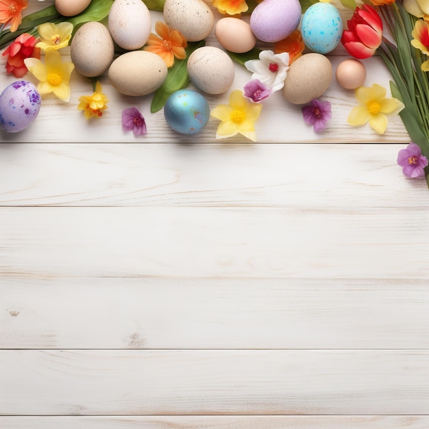 Gioia di Pasqua Uova vibranti e coniglietto su legno rustico