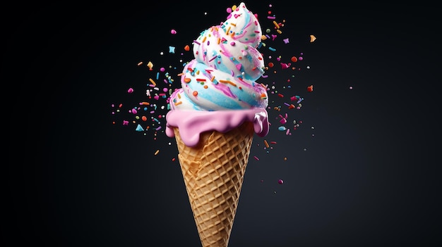 Gioia spruzzata cono di gelato isolato su uno sfondo bianco