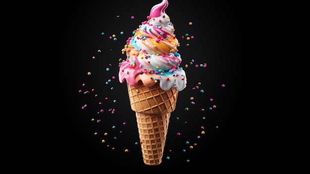 Gioia spruzzata cono di gelato isolato su uno sfondo bianco