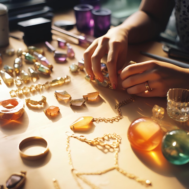 gioielli d'oro minimalisti su una collana da tavolo di laboratorio