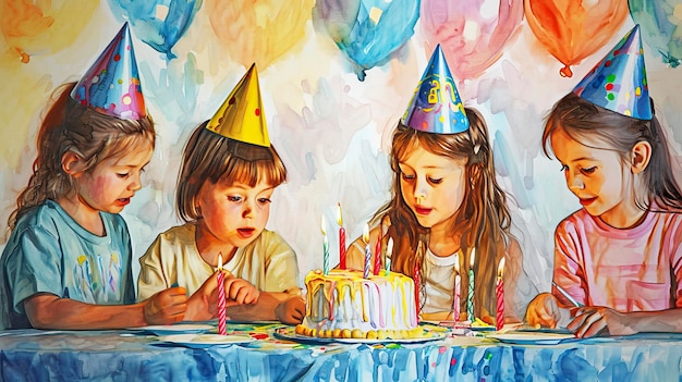 Gioiosa celebrazione ad acquerello I bambini condividono gli auguri di compleanno su una torta colorata