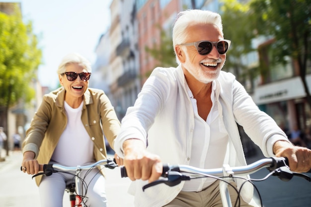 Gioiosa coppia di pensionati che abbraccia uno stile di vita attivo in bicicletta insieme in estate