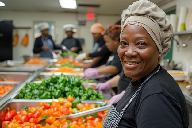 Gioiosa cuoca che serve verdure fresche in una cucina di zuppa Una donna afroamericana sorridente che serve una varietà di verdure colorate in una cucina da zuppa affollata