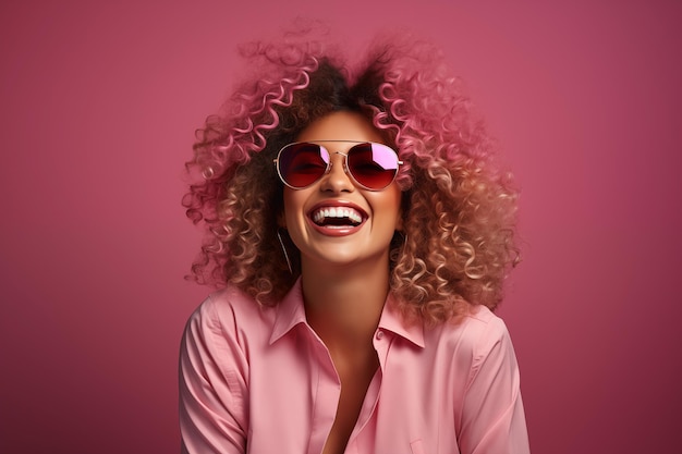 Gioiosa donna afroamericana con voluminosi capelli ricci che indossa occhiali da sole rosa e una camicia rosa