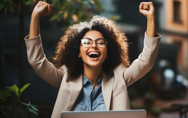 Gioiosa donna d'affari freelance imprenditrice sorridente concetto di progetto vincente griglia felice con le mani