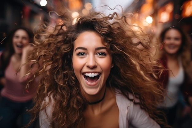 Gioiosa donna dai capelli ricci che celebra