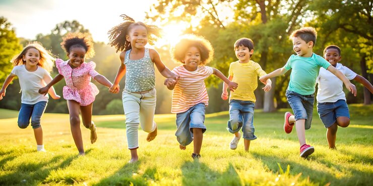 Foto gioiosa foto candida in 3d di diversi bambini che giocano insieme all'aperto simboleggiando la parità di diritti in una