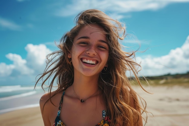 Gioiosa giovane donna sorridente su una spiaggia soleggiata con il vento tra i capelli