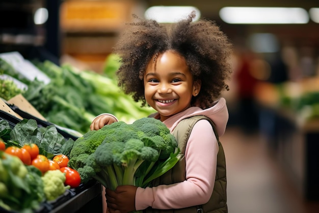 Gioiosa ragazza afroamericana che sceglie le verdure nel negozio del fruttivendolo