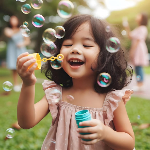 Gioiosa ragazzina che gioca con le bolle di sapone in un giorno di sole nel parco
