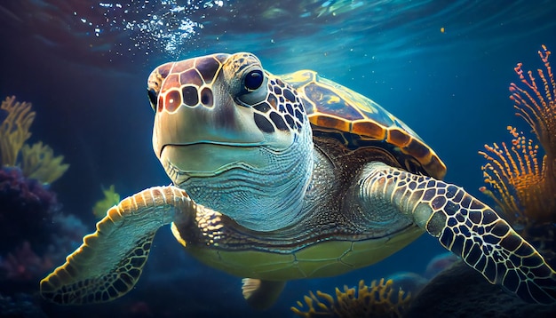Gioiosa tartaruga marina sorridente che nuota sott'acqua IA generativa