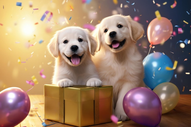 Gioiosi cuccioli di golden retriever che festeggiano con i palloncini