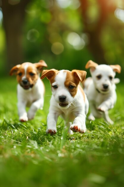 Gioiosi cuccioli di Jack Russell che giocano sull'erba verde vicino alla casa accogliente