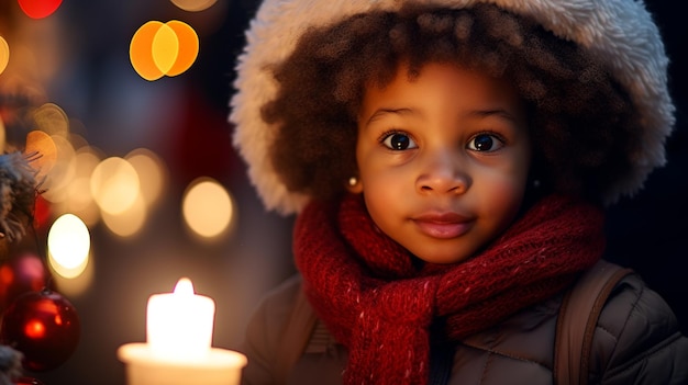 Gioioso bambino afroamericano che tiene in mano una candela in mezzo alla calda sera luci Bokeh Buon Natale