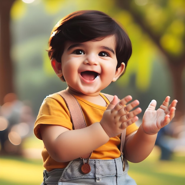 Gioioso bambino di un anno che batte le mani in un parco soleggiato all'inizio dell'estate